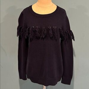 Sail to Sable Navy Blue Cotton Blend Tassel Fringe Crew Neck Sweater Medium